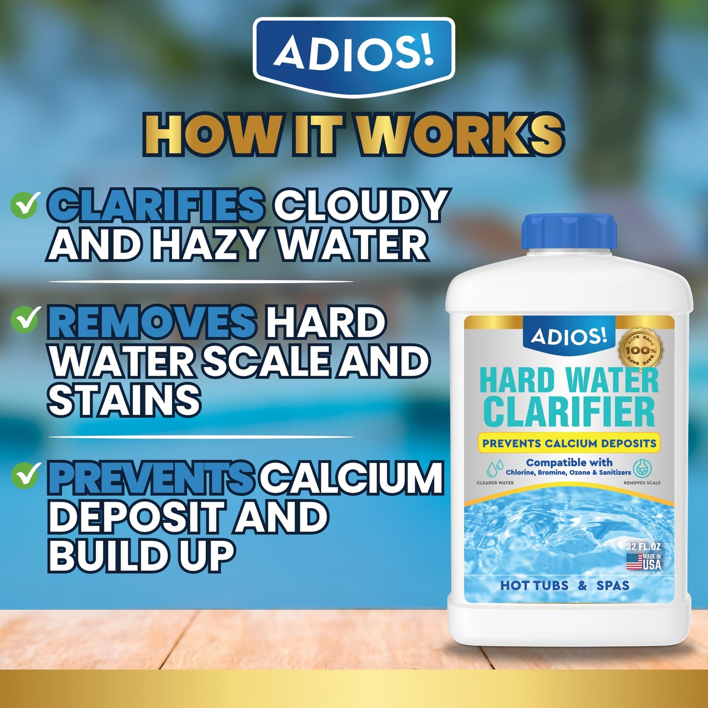 ADIOS! Hot Tub Hard Water Calcium Remover with Scale and Stain Clarifier, Soften Treat and Reduce Spa and Pool Deposits - Quart (32 oz)