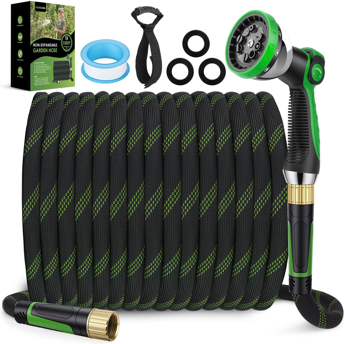 HORTICORA Garden Hose 100 ft, Non-Expandable Ultra-Lightweight Flexible Hose with 360Â° Dual-End Anti-Kink Design, 10-Pattern Spray Nozzle, 500 PSI Leak-Proof, 96-Strand Braided Fabric, Storage Strap