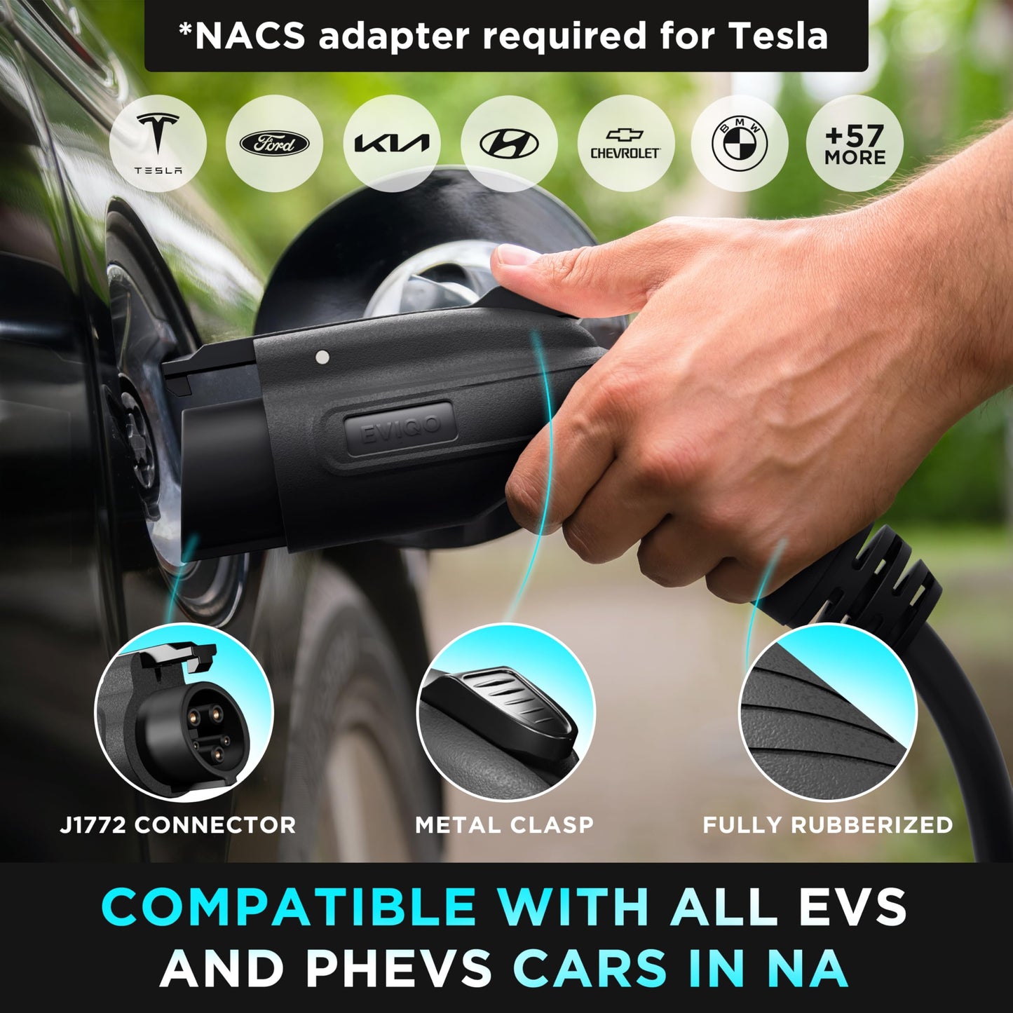 EVIQO Level 2 EV Charger 48 Amps – NEMA 14-50 Plug, J1772 25' Cable, WiFi (2.4 GHz) Smart App - Weatherproof Indoor/Outdoor (IP66,NEMA 4) UL, ETL Certified