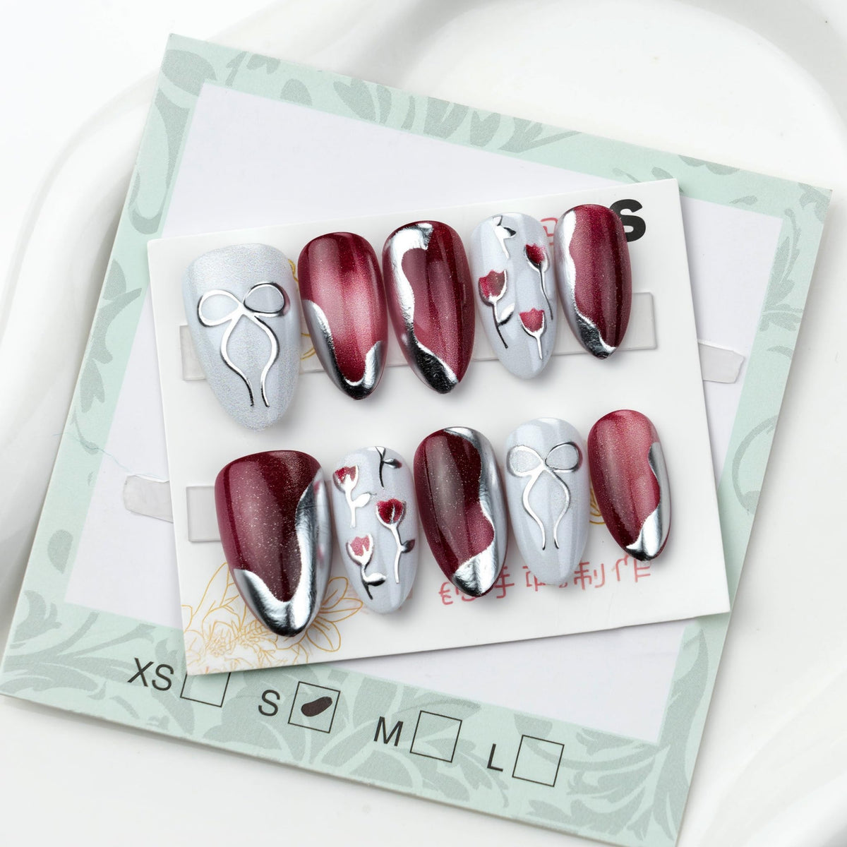 Medium Press on Nails Almond Fake Nails Red Acrylic Nail Press Ons Seeneey Bow and Flowers Designs Cat eye Stick on Nail for Women 30pcs