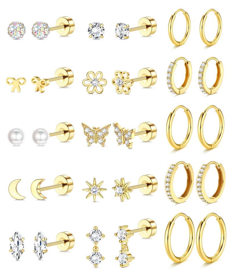 LOLIAS 14K Gold Plated Flat Back Earrings - Hypoallergenic Surgical Stainless Steel Stud Hoop Earrings for Women Girls Kids Cute Stud Earring Set Small Huggie Hoops Cartilage Earring Stacks