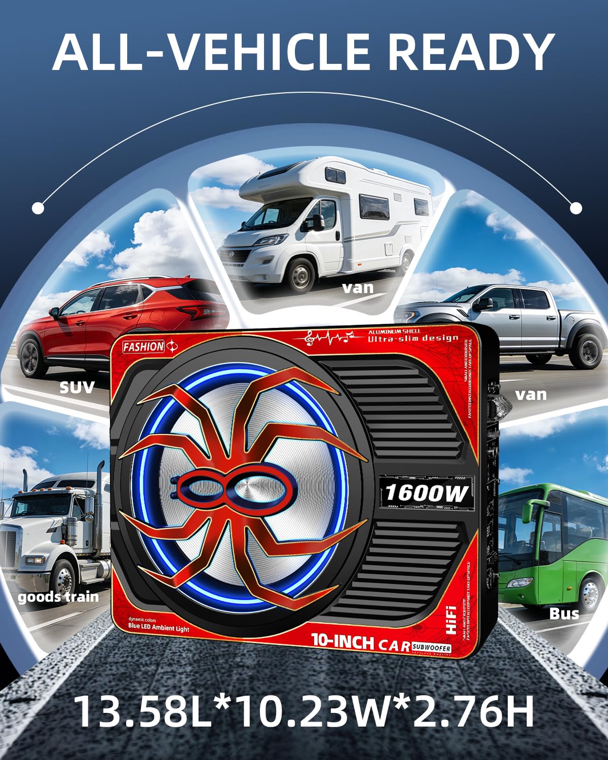 TZGBASS 1600W Slim Under Seat Subwoofer and Amp Package, Powered Car Subwoofer with Built-in Amp, Subsonic Deep Bass, LED Switch Control, High-Excursion Underseat Subwoofer for Truck/Car Audio Systems