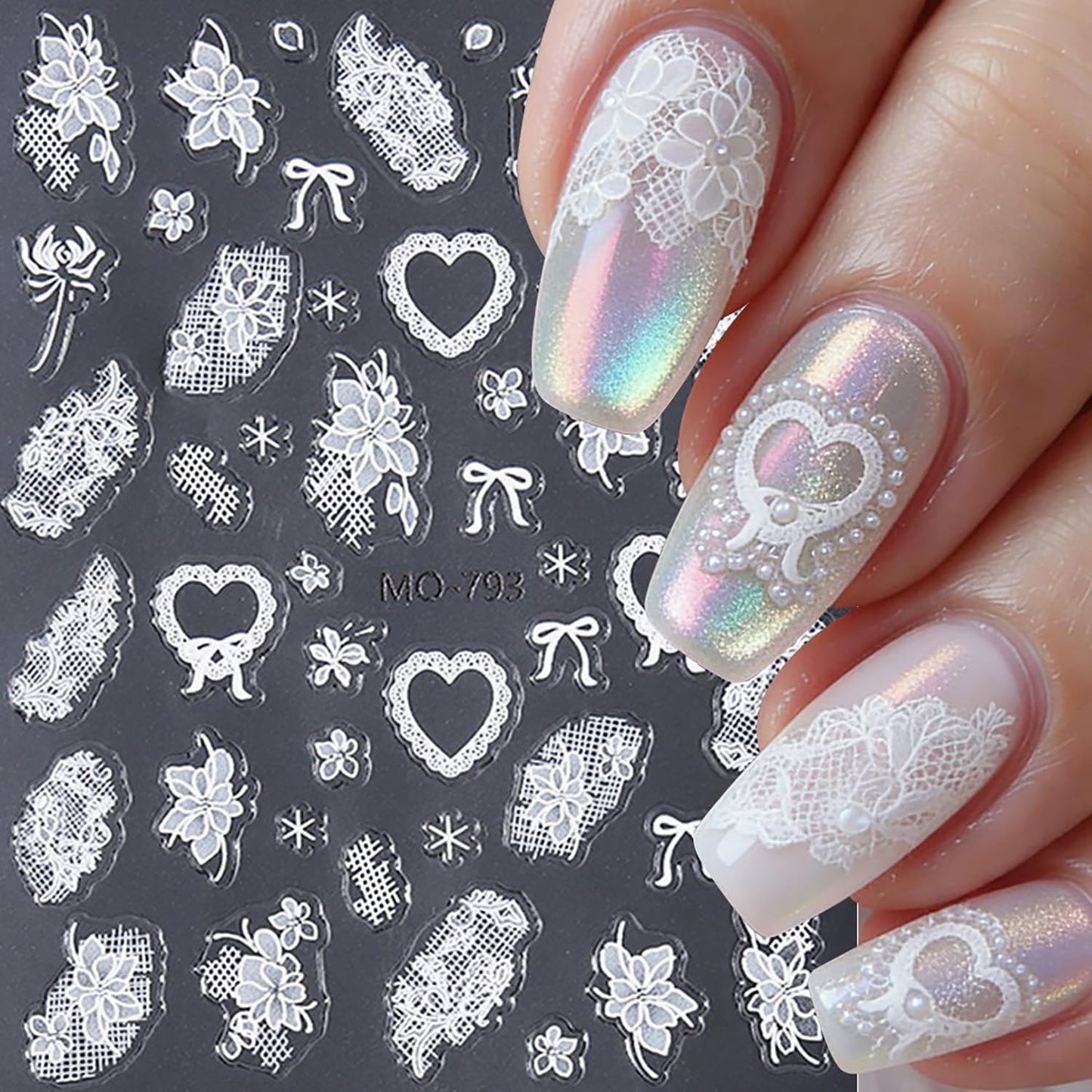 CJDLTS 3 Sheets White Lace Flower Nail Art Stickers 3D Self -Adhesive Lace Love Heart Bow Nail Decals Holographic Laces Rose Flower Nails Stickers for Women Acrylic Nails Decoration Supplies