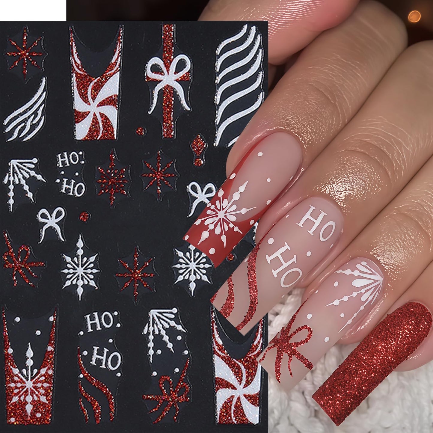8 Sheets Red Christmas Nail Art Stickers Pink White Red Glitter Snowflake Nail Decals 3D Self-Adhesive Xmas Tree Winter Nail Design Gift Box Bow Nail Supplies Winter New Year Nail Decor for Women