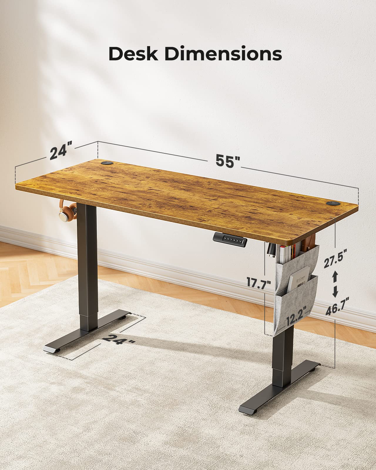 Marsail Electric Adjustable Height Standing Desk with Storage Bag, 55 * 24" Sit Stand Up Desk for Home Office,Computer Gaming Workstation, 4 Memory Height Settings,Cable Manager, and Headphone Hook