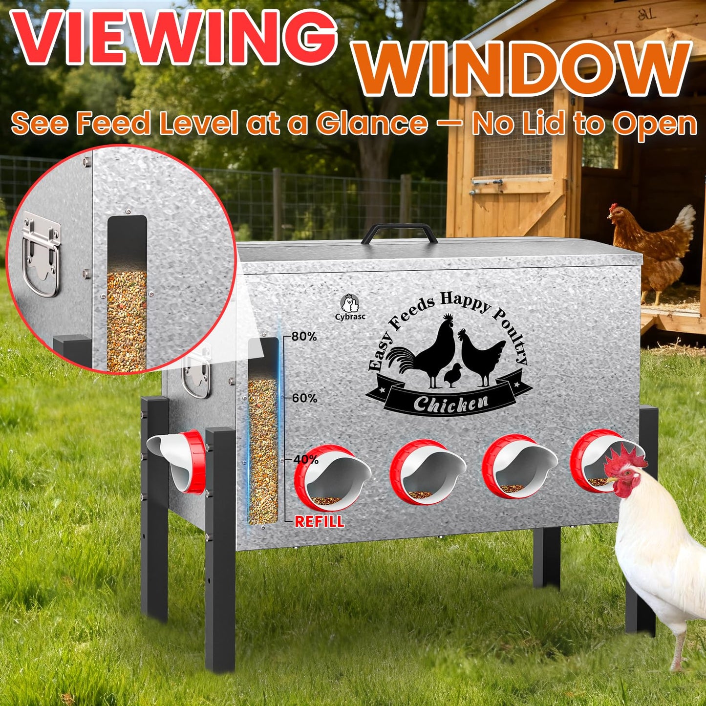 Cybrasc 16gal Large Automatic Chicken Feeder - 10 Port No Waste Poultry Feeder, Rust-Proof Alloy Steel with Locking Lid & Adjustable Legs for Chickens, Ducks, Geese, Poultry