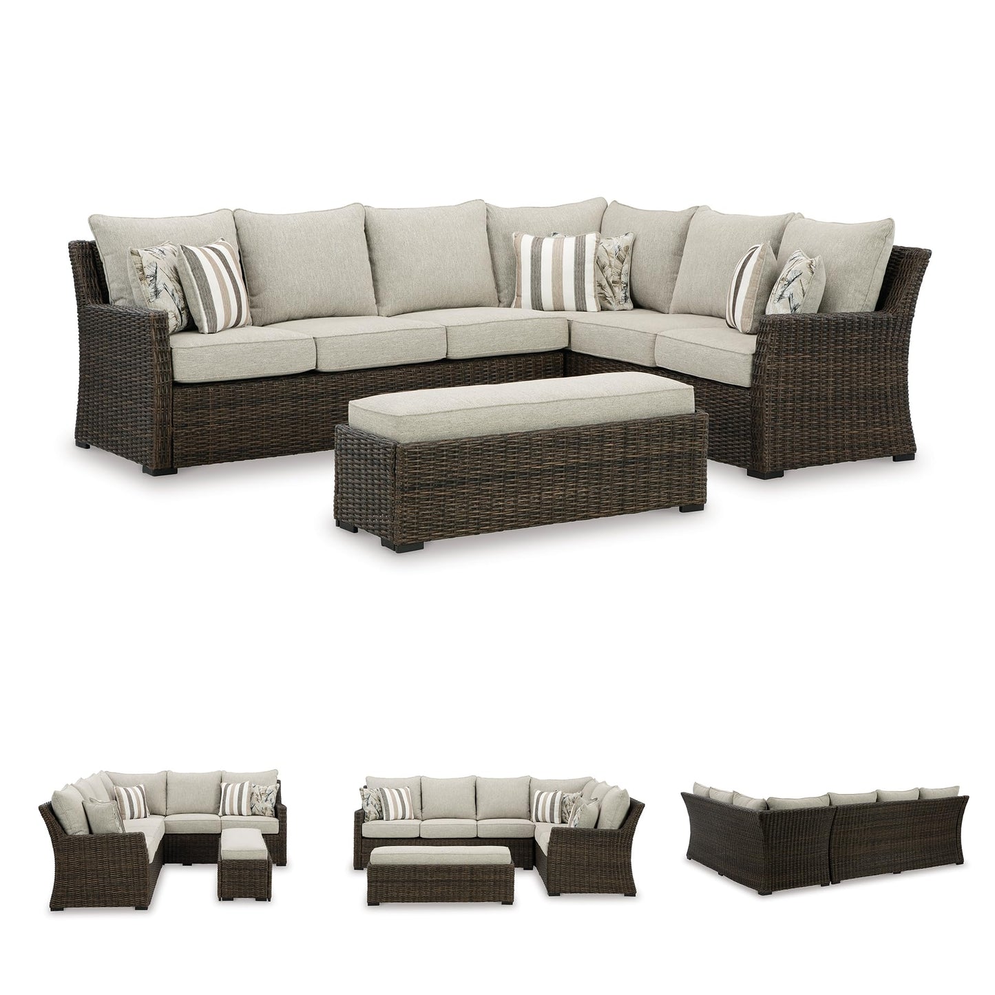 Signature Design by Ashley Brook Ranch Casual Nuvella Weather Resistant Fabric Right Hand Facing Outdoor Sofa Sectional/Bench with Cushion and 6 Throw Pillows, Set of 3, Beige & Dark Brown