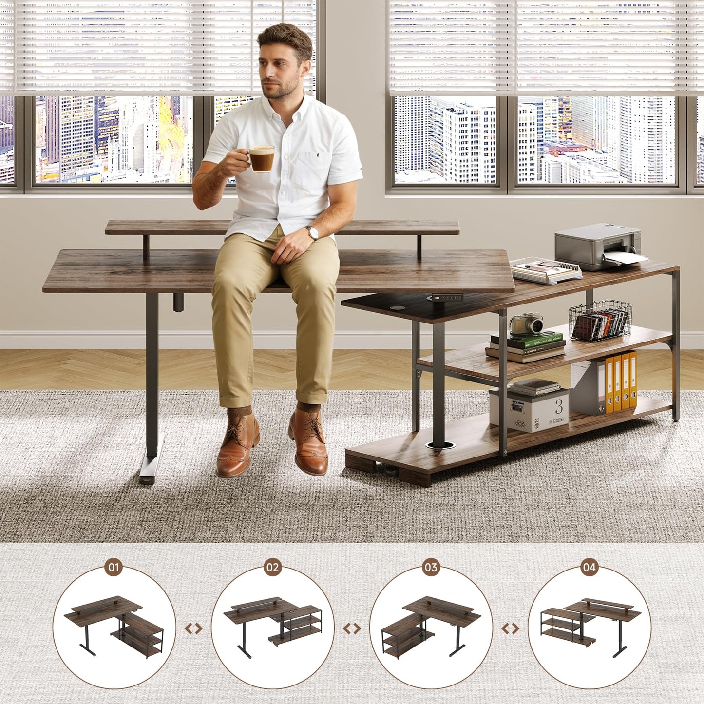 Lefurture Standing Desk with File Cabinet, 55x24'' L Shaped Electric Stand Up Desk with Adjustable Monitor Shelf, Adjustable Height 28-46'' for Home and Computer Workstation, Walnut