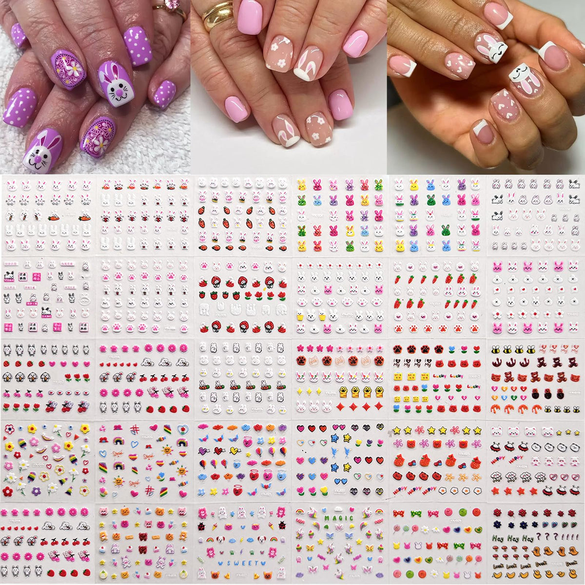30 Sheets Bunny Nail Art Stickers Cute Nail Stickers 3D Self Adhesive Nail Art Supplies Rabbit Strawberries Heart Flower Nail Design Easter Nail Decals for Women Girls Manicure DIY Decorations