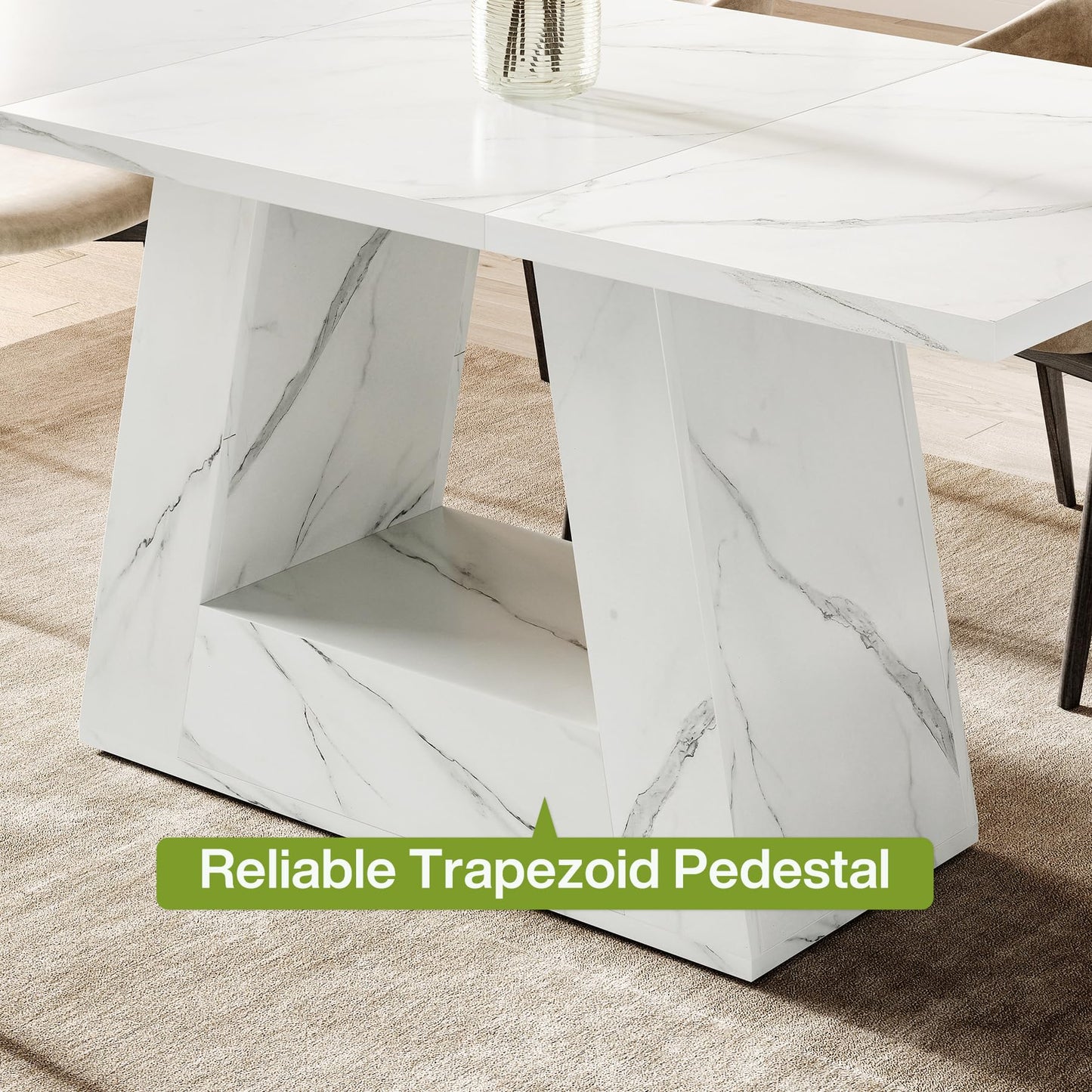 LITTLE TREE Dining Table for 4-6 People, 63 Inches Dining Room Table with Wooden Triangle Pedestal Base, White Faux Marble Rectangle Dinner Kitchen Table for Dining Room, Kitchen, Living Room