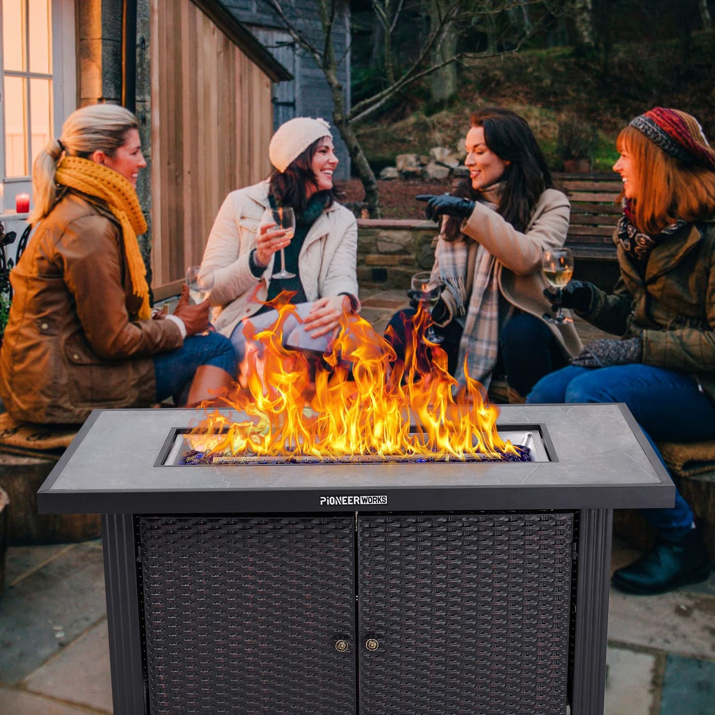 44 in Propane Fire Pit Table (Double Door), 50000BTU Rectangle Fire Table with Cover & Rain Cover, Sturdy Steel and Iron Fence Surface, CSA Safety Certified, Companion for Your Garden