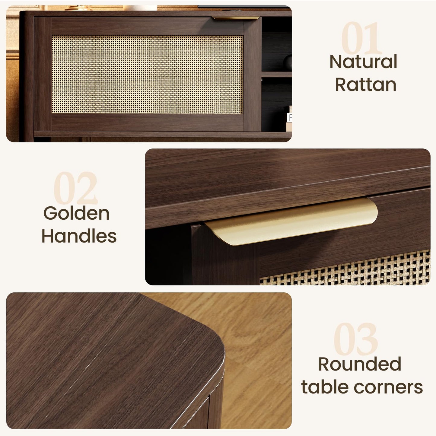 IKALIFE TV Stand for Living Room - Fits up to 80 Inch TVs, Rattan Media Console Table with Adjustable Shelves & 2 Storage Cabinets, Mid-Century Modern Entertainment Center, Walnut 71"