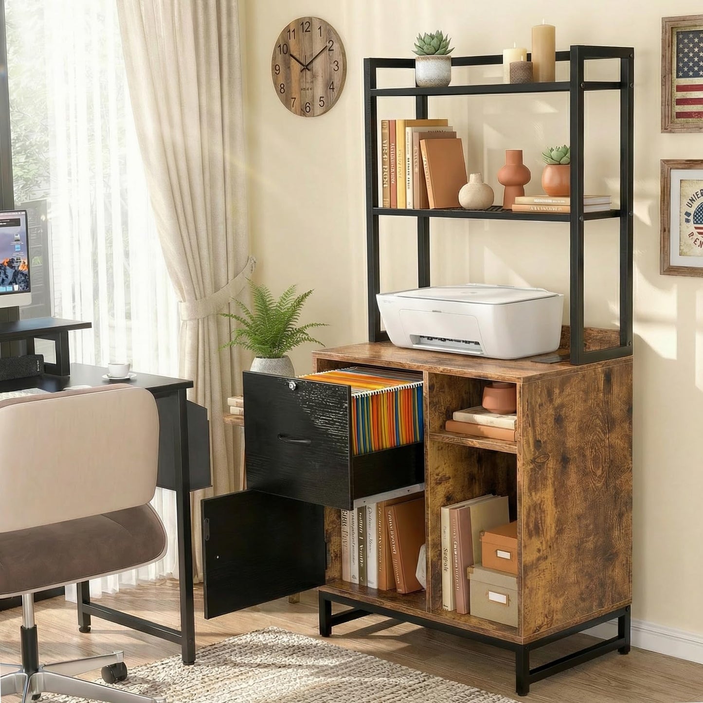 Homieasy Vertical Filing Cabinet with Bookshelf for Home Office, File Cabinet with Shelves, Lock & Charging Station, Drawer Office File Cabinets with Printer Stand, fits Letter Size, Rustic Brown