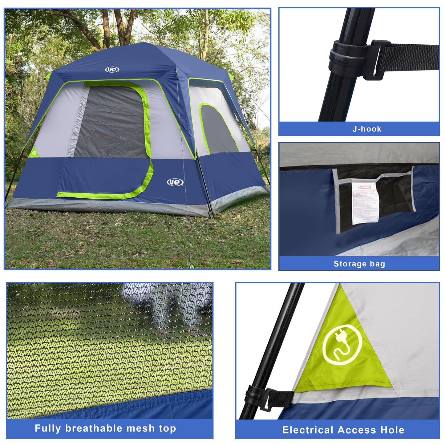 UNP 4-Person Tent, Portable Cabin Tent, Camping Tent 4-Person Easy Set Up, Waterproof with Top Rainfly for Outdoor Camping/Hiking (Dark Blue)