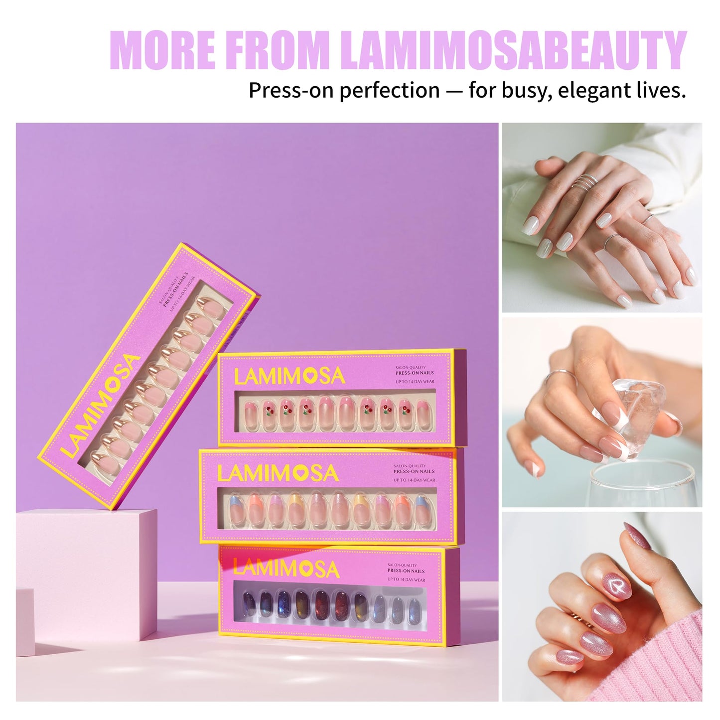LAMIMOSA 32Pcs Chrome Nude Press On Nails Short Square - Soft Gel Fake Nails in 16 Sizes, Reusable Glue on Nails kit in Glazed Finish, CHAMPAGNE