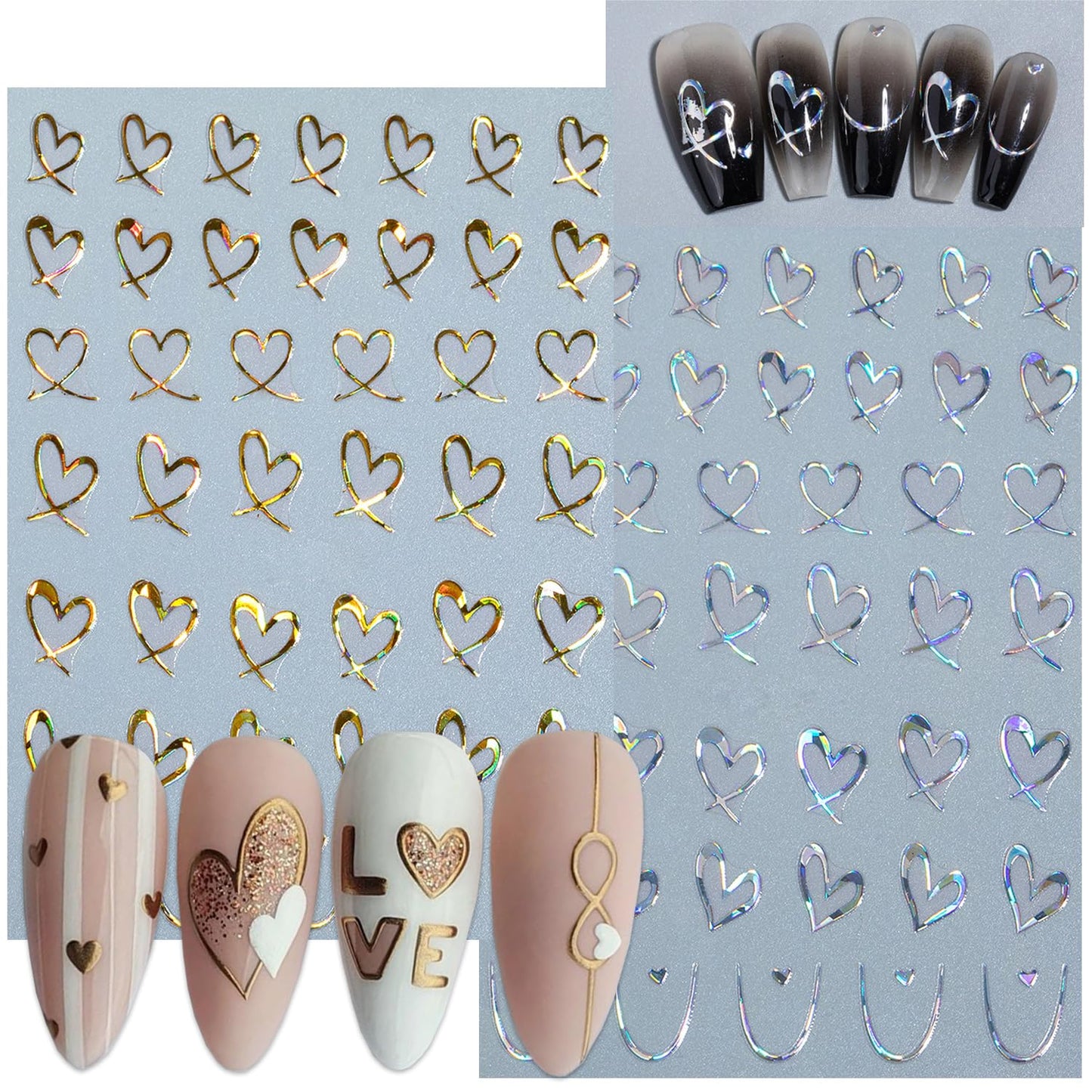 6Pcs Heart Nail Stickers for Nail Art Love Hearts Nail Decals Hollow Love 3D Nail Art French Sticker Self-Adhesive Slider Kawaii Heart-Shaped Manicure Decals Nail Tip for Women Valentine Gift