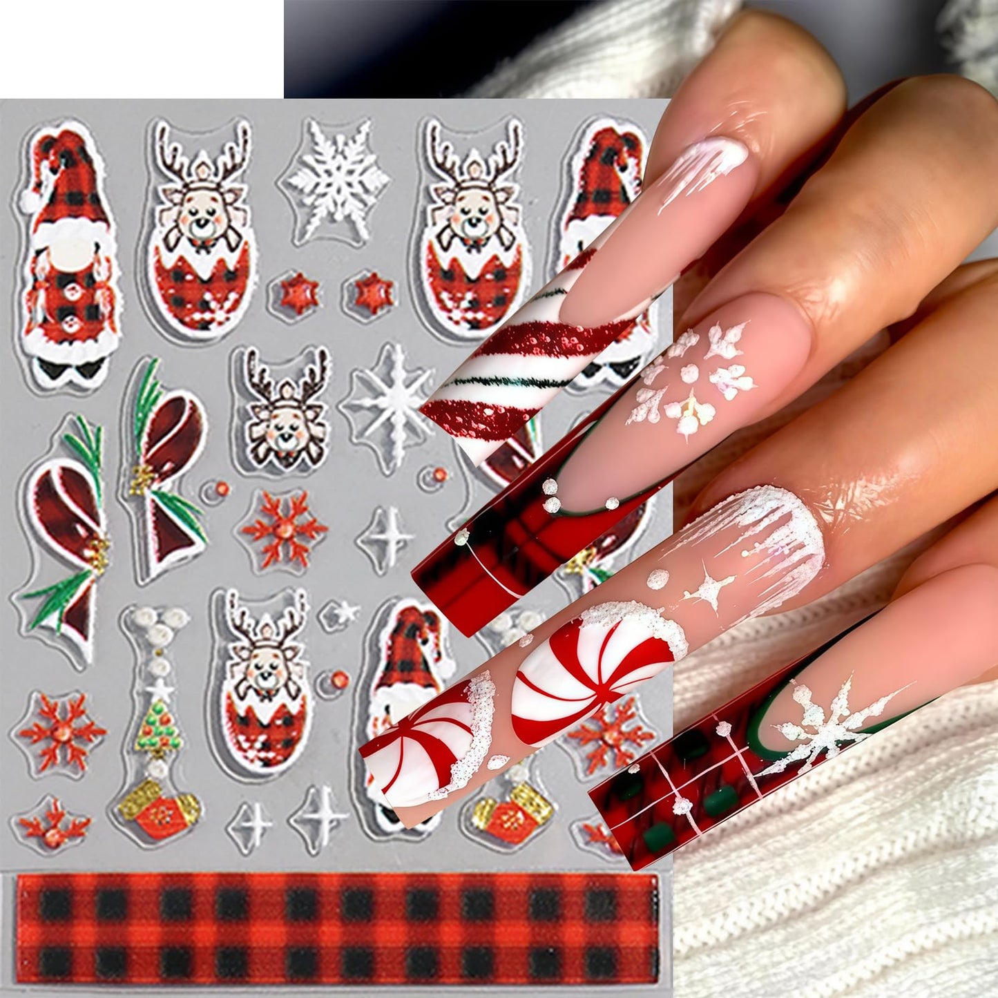 4 Sheets Christmas Nail Art Stickers Candy White French Line Nail Decals 5D Embossed Self-Adhesive Plaid Elk Snowflake Nail Design Nail Decoration for Women Winter Holiday Manicure DIY Nail Supplies