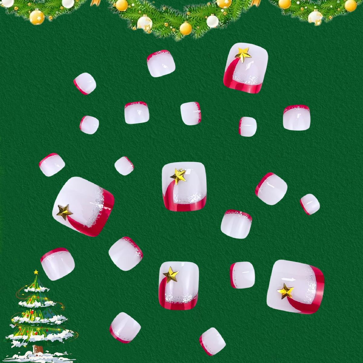 Christmas Red French Press on Toenails Short Square Fake Toenails Santa Hat Toe Nail Tips Silver Glitter French False Toenails Full Cover Glossy Christmas Acrylic Toe Nails Decorations for Women 24Pcs