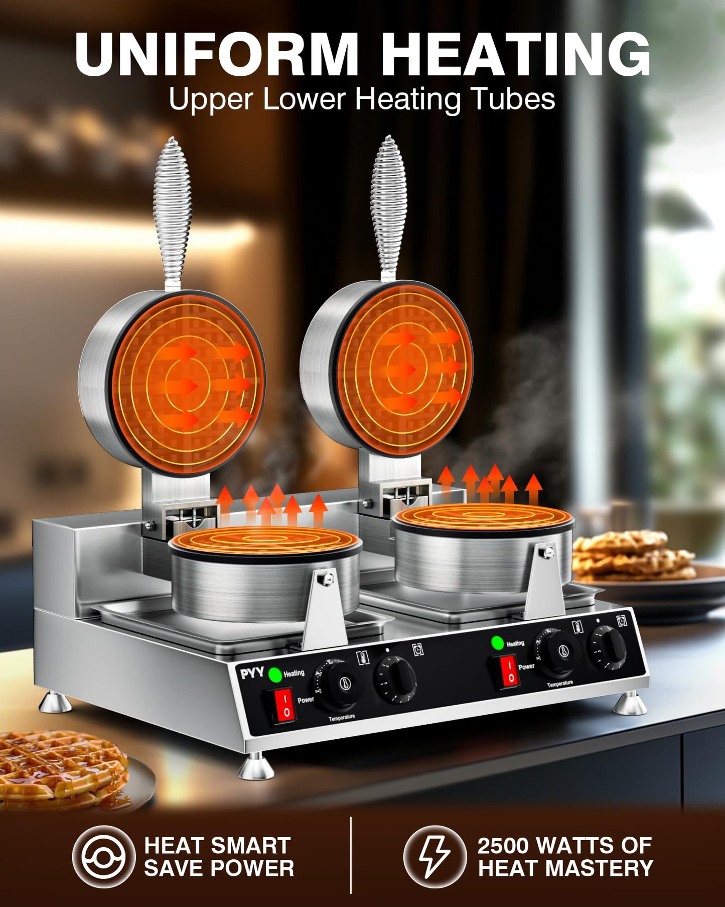 PYY Commercial Waffle Maker - Double Waffle Maker Large Stainless Steel Waffle Maker, Non-stick Electric Chaffle Maker for Restaurant Party Food Stall, 2500W