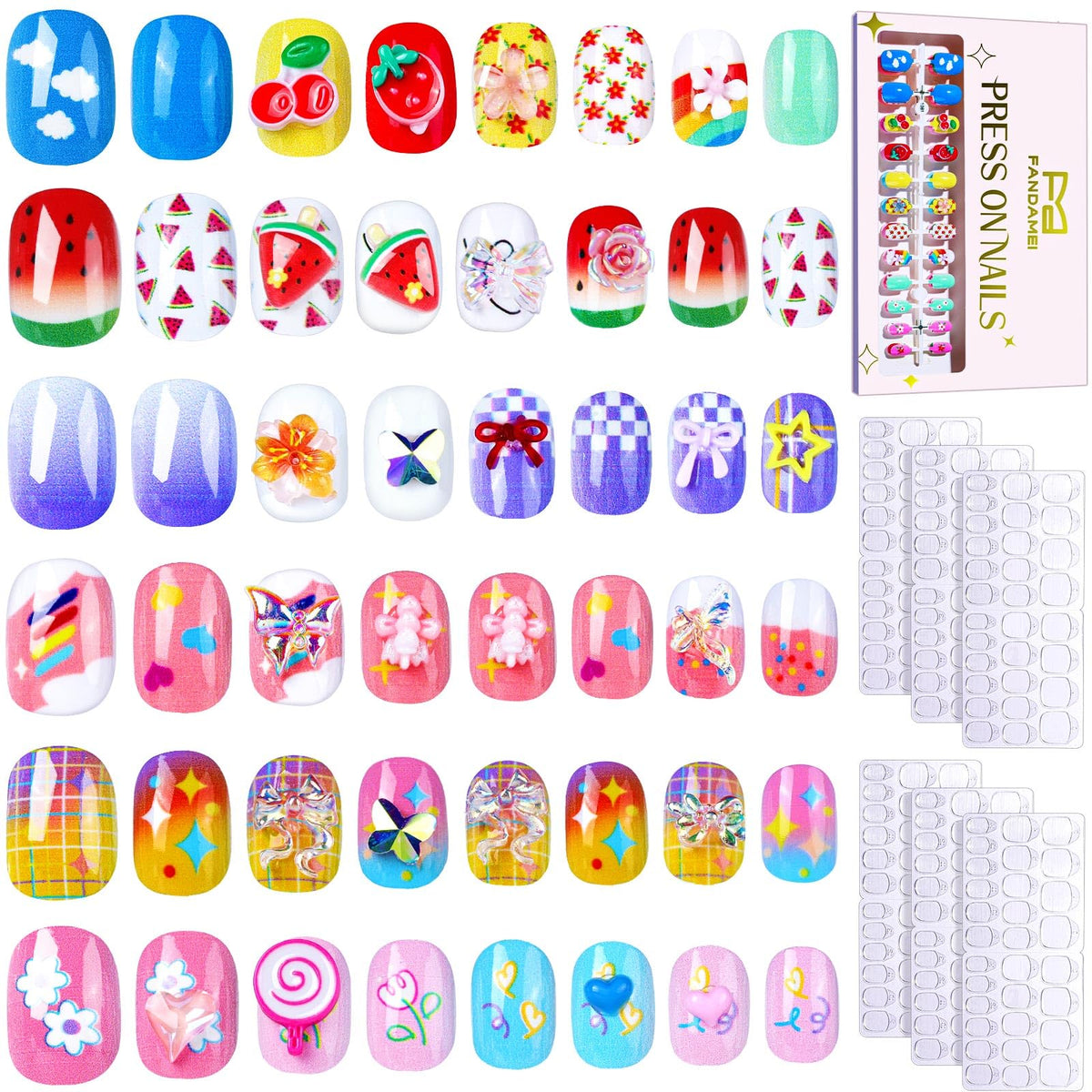 FANDAMEI Press on Nails for Girls, 6 Styles 144PCS Press on Nails for Kids, Little Girl Nails Press on Short Round with Nail Charms and Gems, Fake nails for Kids, Girls with Adhesive Tabs