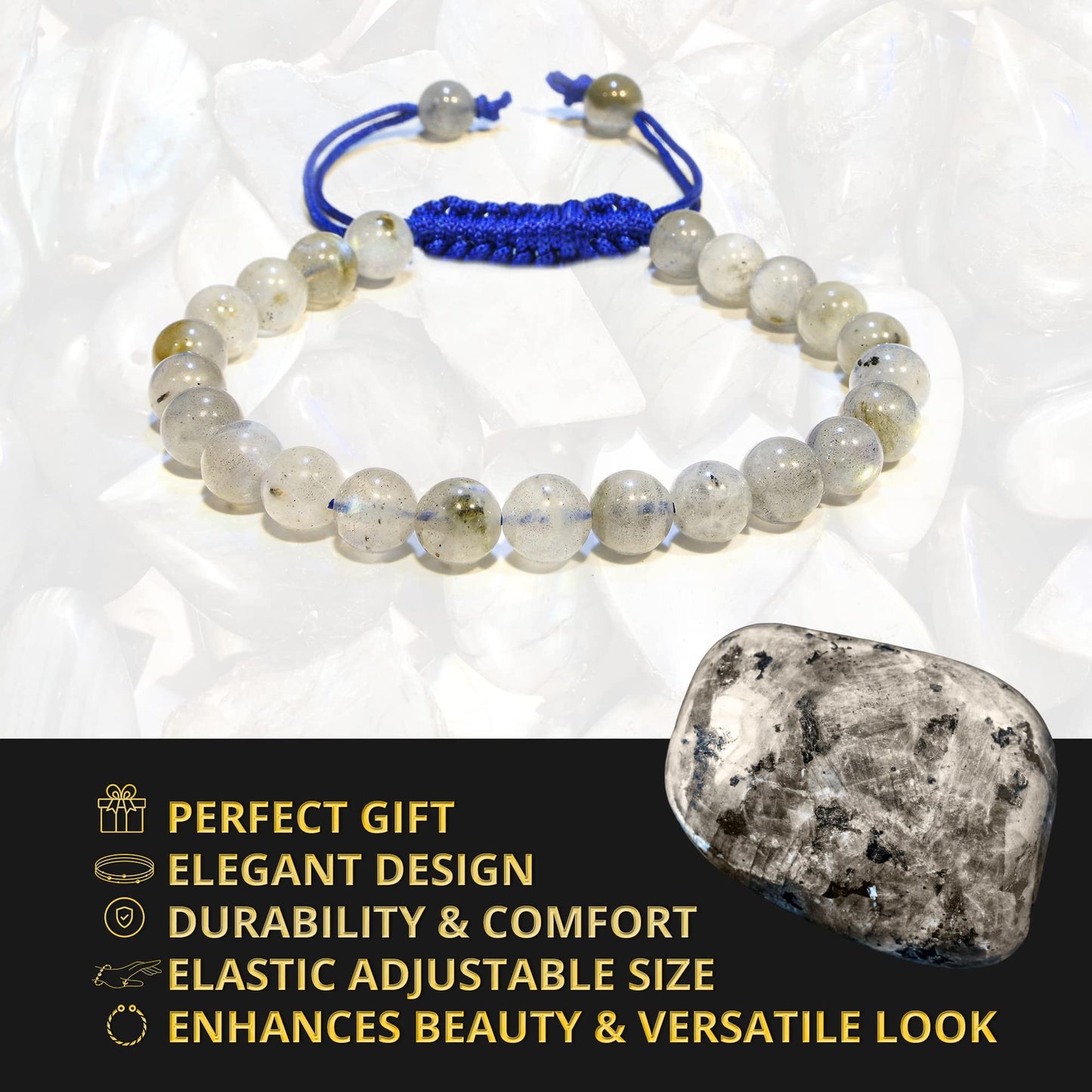 ANAYA AGATE Healing Crystal Bracelet – Chic Gemstone Bracelet for Men and Women – 8mm Round Bead Bracelets for Spiritual Healing, Protection, Positive Energy - Labradorite