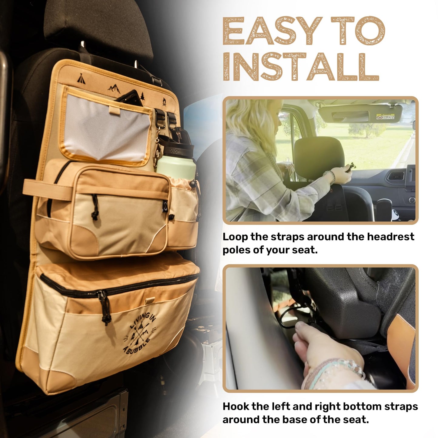 Living in a Bubble Seat back Organizer – Magnetic Toiletry and Cooler Pouch, Cordura Car Backseat Storage with Device Holder & Hooks, Multi-Compartment Utility Bag for Campervans & Family Travel