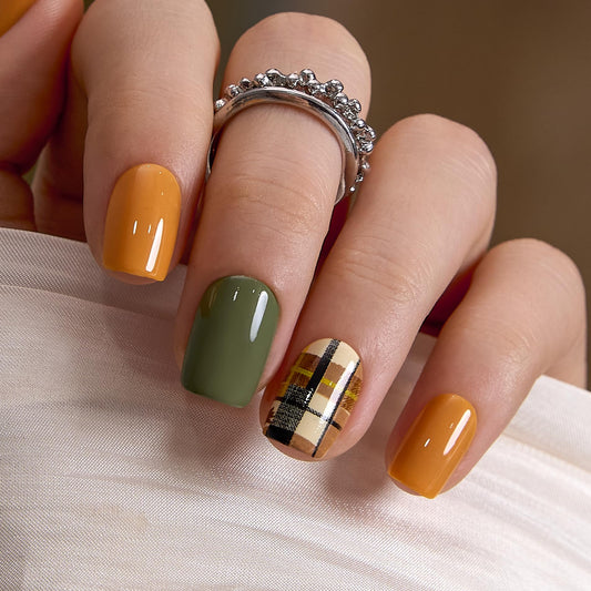 Curvlife Soft Gel Square Press On Nails Short – Mustard and Olive Plaid Reusable False Natural Fit Fake Nails Tips Stick Ons, Salon Quality UV Finish