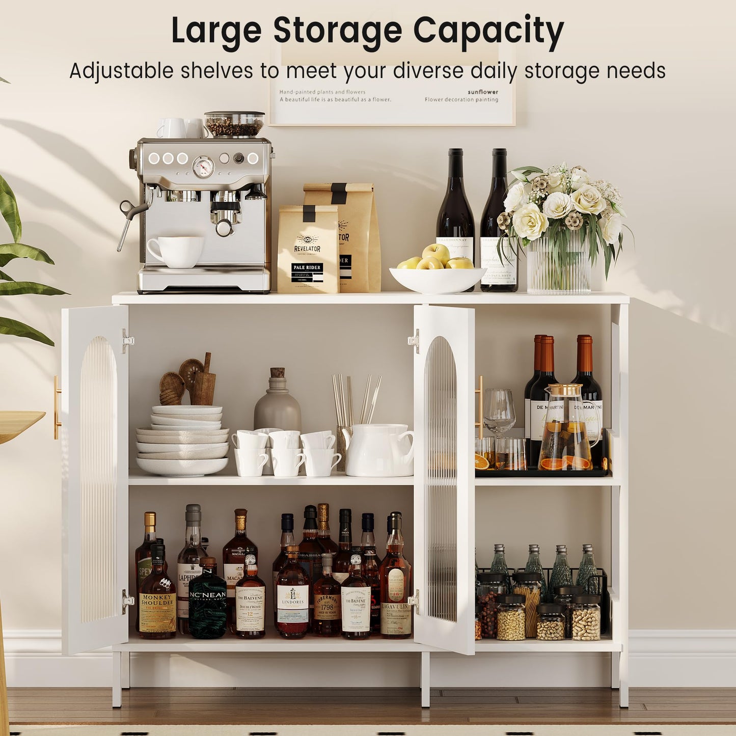 GAOMON Buffet Sideboard Cabinet, Wooden Storage with Glass Doors, Two Metal Handle, Storage Cabinet with Adjustable Shelves, Modern Sideboard for Living Rome, Kitchen, Dining Room,White