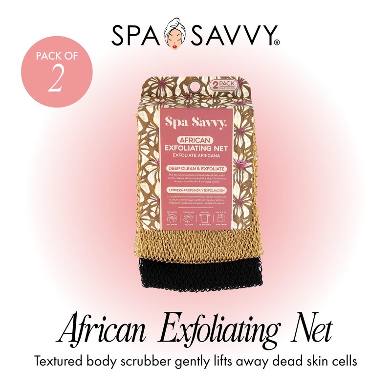 Spa Savvy African Net Sponge, 2 Pack Exfoliating Body Scrubber for Deep Cleansing and Smooth Skin, 12 x 32 Inch, Gold and Black
