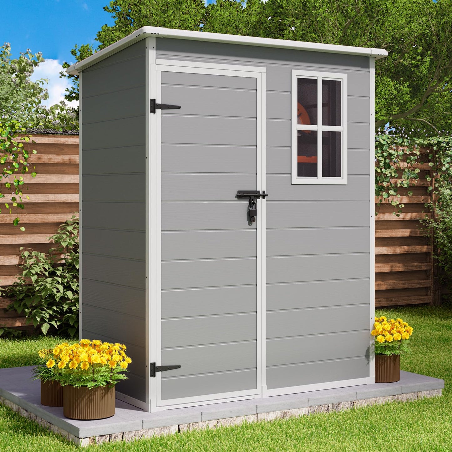 Gizoon 5x3 FT Resin Outdoor Storage Shed, Weather-Resistant Plastic Garden Tool Shed with Floor and Lockable Door for Backyard, Patio, Lawn, Grey