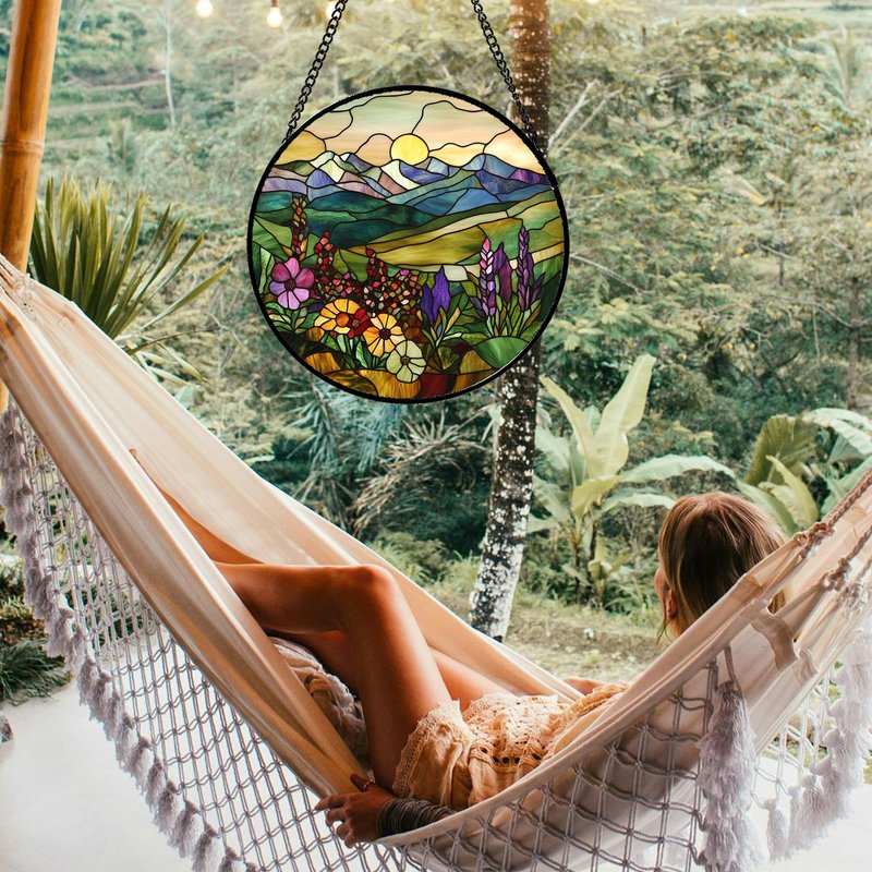 QZQCBLC Stained Glass Window Hanging Purple Wildflowers Pastoral Scenery 7.8" - Suncatcher Door Garden Sun Catcher Home Decor Birthday Christmas for Mom Men Woman Friend