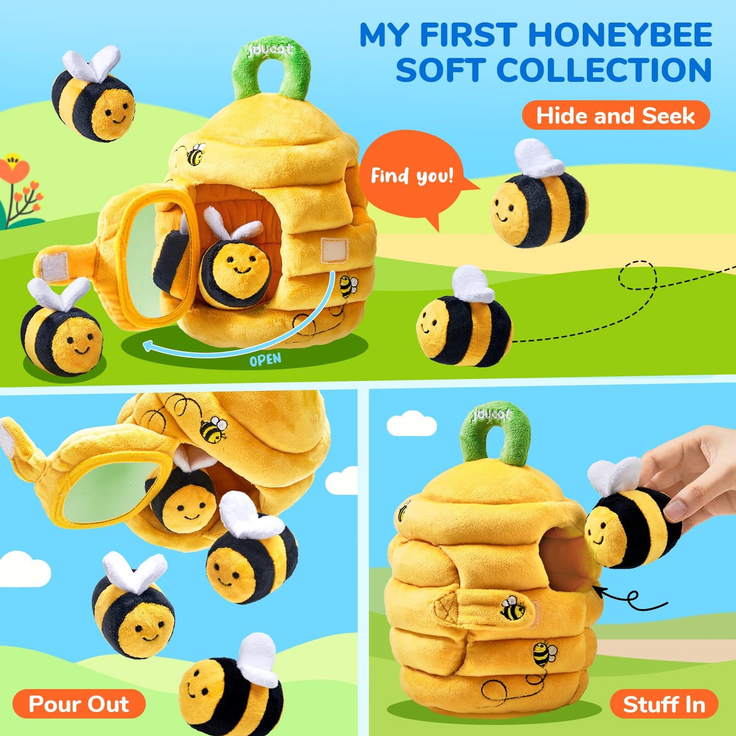 JoyCat Baby Toys 6-12 Months - Soft Baby Beehive with 5 Sensory Bees - Rattle, Crinkle Paper, Squeaker, Mirror, Busy Montessori Soft Toys for Toddlers 0-3 Years Old - Baby Christmas Birthday Gift