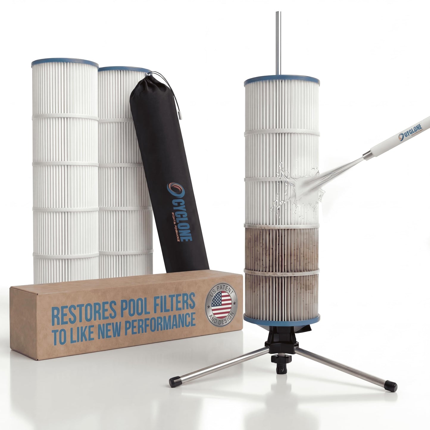 Cyclone Filter Cleaner – Patented Hose-Powered Spinning Pool Cartridge Filter Cleaning Tool with Stand & Spray Wand – Cleans 5X Faster – Fits 3”, 4”, 6” ID Filters