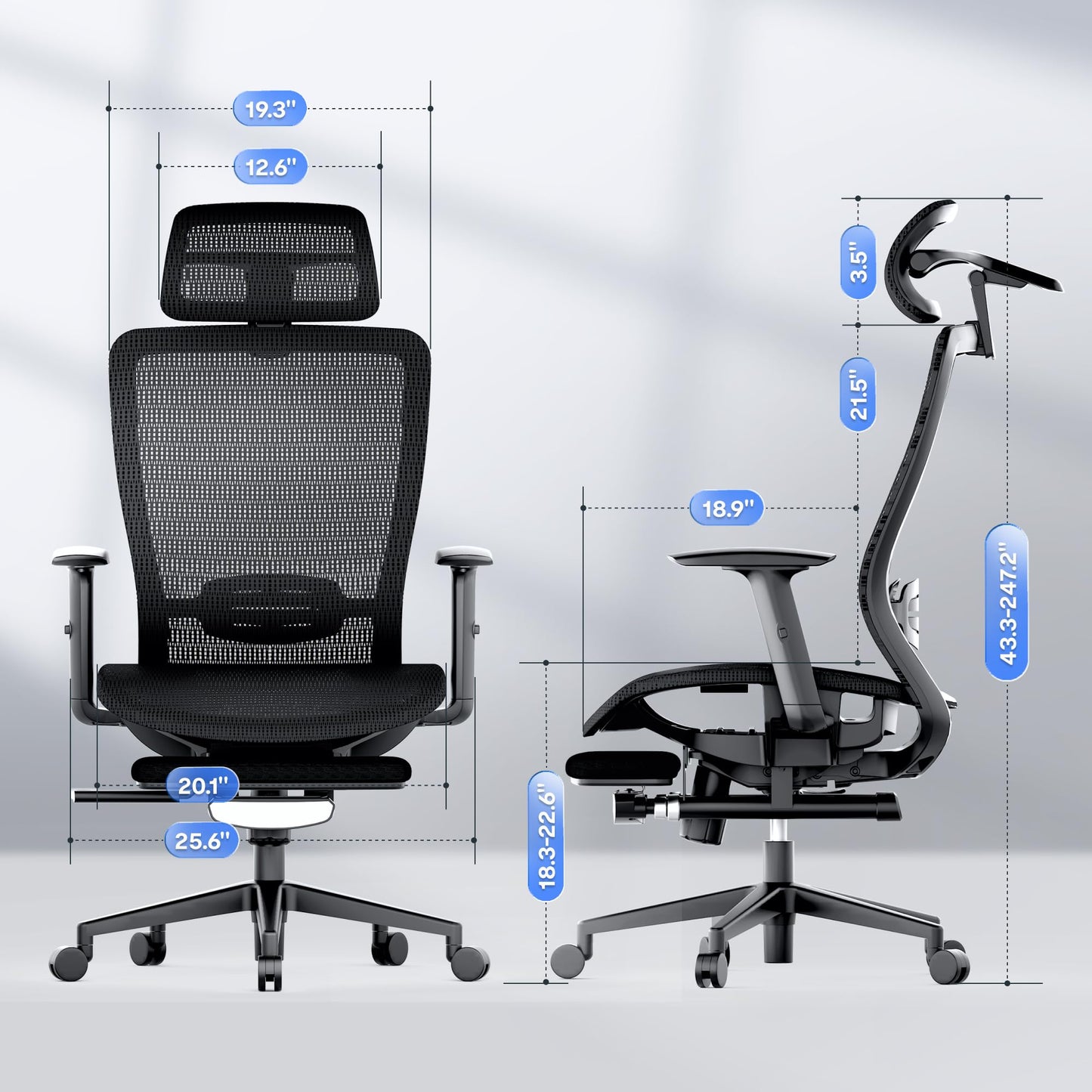 FLEXISPOT OC3 Air Ergonomic Office Chair with Footrest, Mesh Back Computer Chair, Home Office Desk Chairs, with Adjustable Lumbar Support/3D Headrest/Reliable Base, Mesh Seat Cushion, Black, Air-F