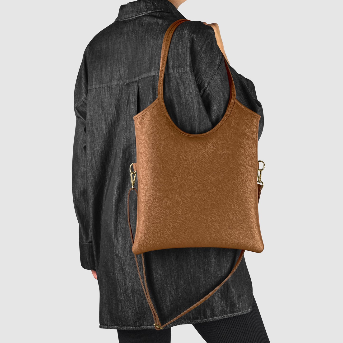 Italian Calf Leather Tote Bag for Women with Zipper & Adjustable Strap | Medium Pebbled Soft Shoulder Handbag (Brown)