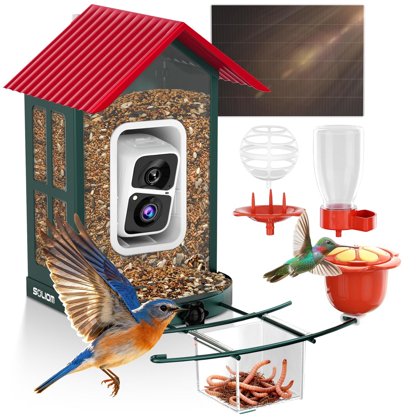 SOLIOM Smart Bird Feeder with Camera for Outdoors, Durable Metal Solar AI Birdhouse, 2K Live View & Instant Alerts, Squirrel-Proof – Complete Bird Watching Gift Set(Red)
