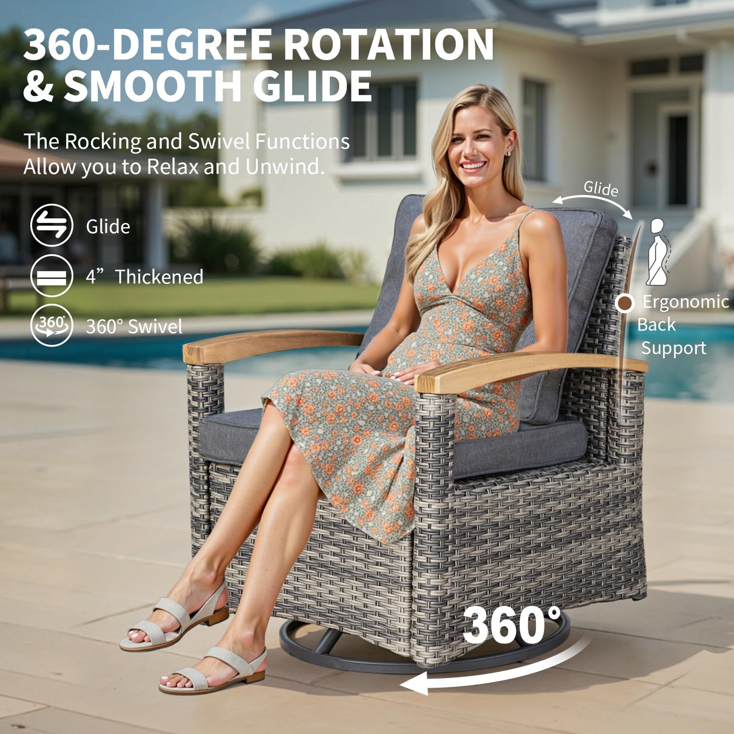 MEISSALIVVE 7 Pieces Patio Furniture Sets,PE Wicker Outdoor Conversation Sets with 2 Wood Armrests Swivel Rocker Chairs, 2 Ottoman, 3-seat Sofa and Coffee Table(Grey)