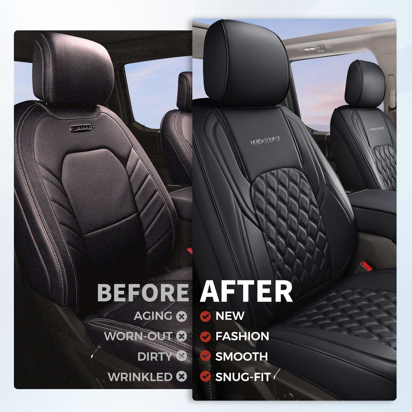 Huidasource Wrangler JK Seat Cover 2 Door Full Set, Waterproof Leather Custom Car Seat Cover, JK Seat Cushion Protector Fit for Jeep Wrangler JK 2-Door Sahara Sport Rubicon 2007-2017(Full Set/Black)
