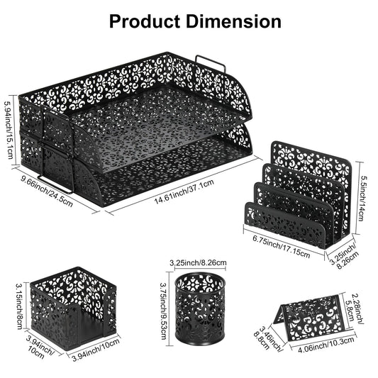 EasyPAG Desk Organizers and Accessories 5 Pieces Office Supplies Set - 2 Tier Paper Tray, Pencil Organizer for Desk, Mail Sorter Countertop, Business Card Holder and Sticky Note Holder, Black