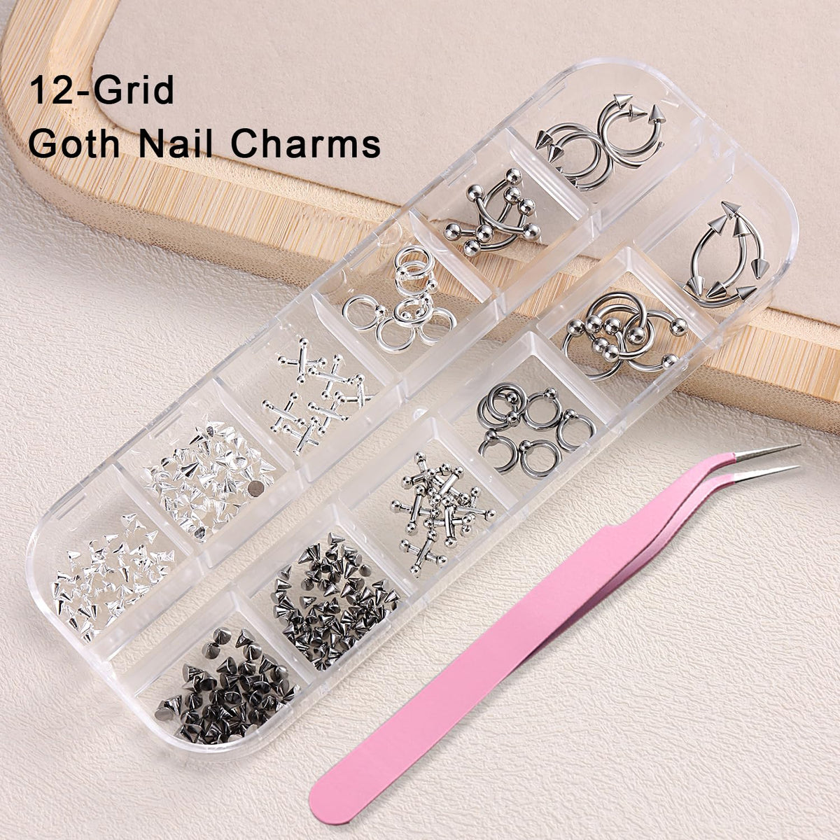 Furtherpretty Gothic Nail Charms Set, 3D Black & Silver Piercing Nail Charms with Metal Rings, Triangle Spikes & Rivet Studs for Nails, Y2K Punk Goth Nail Art Decorations Accessories with Tweezers