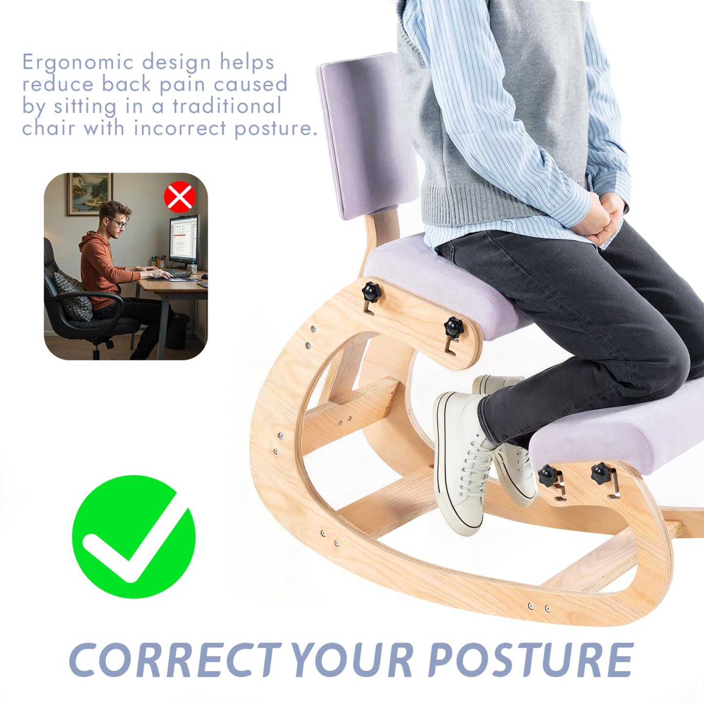 VDNEND Ergonomic Kneeling Chair with Back Support,Wooden Kneeling Chair Desk for Work, Rocking Office Kneel Chairs for Relieve Back Pain, Kneeling Posture Chairs for Gaming,Home (Light Purple)