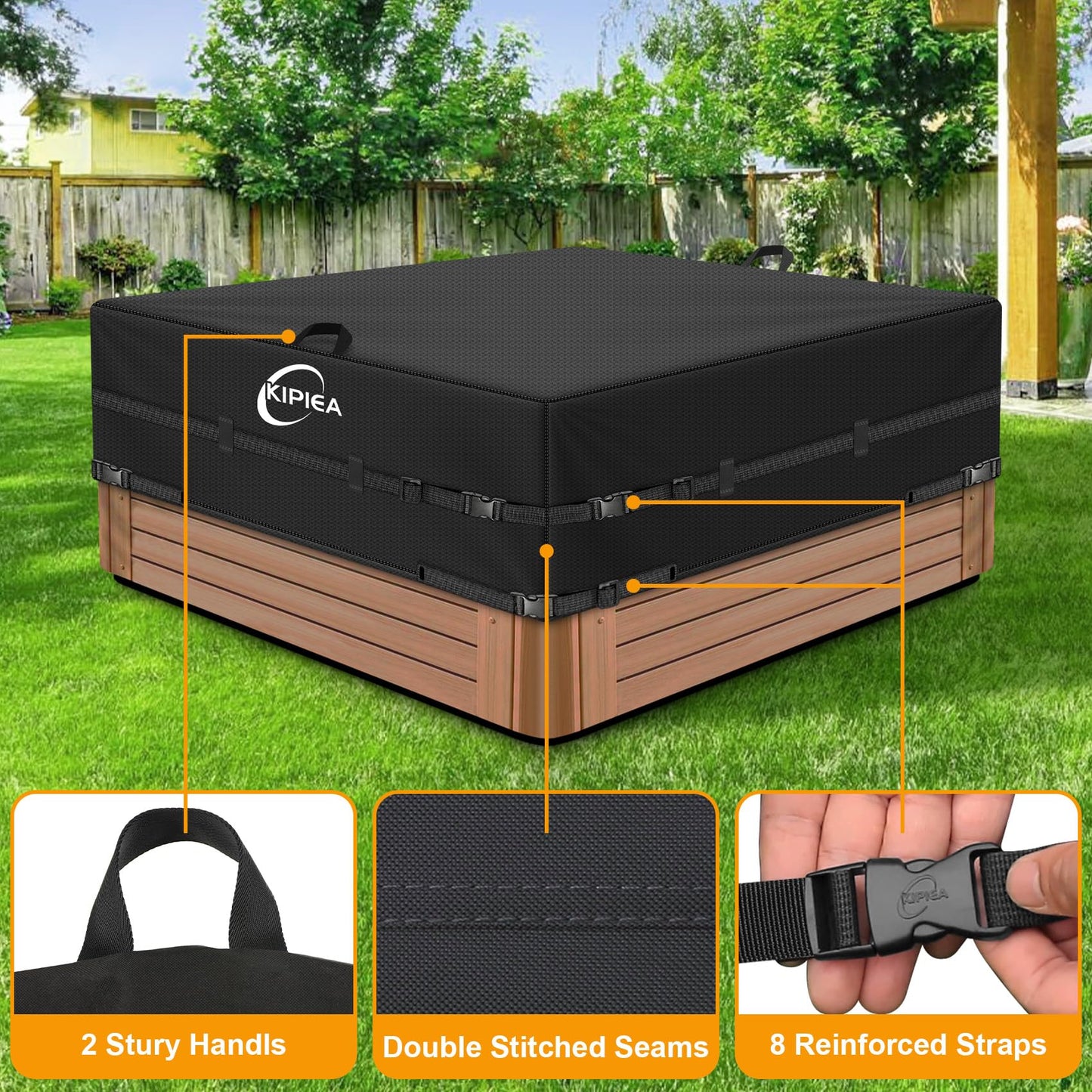 Kipiea 600D Outdoor Waterproof Square Hot Tub Cover Protector, Heavy Duty Polyester SPA Cover UV Protection Cover 90" L x 90" W x 20" H, Black