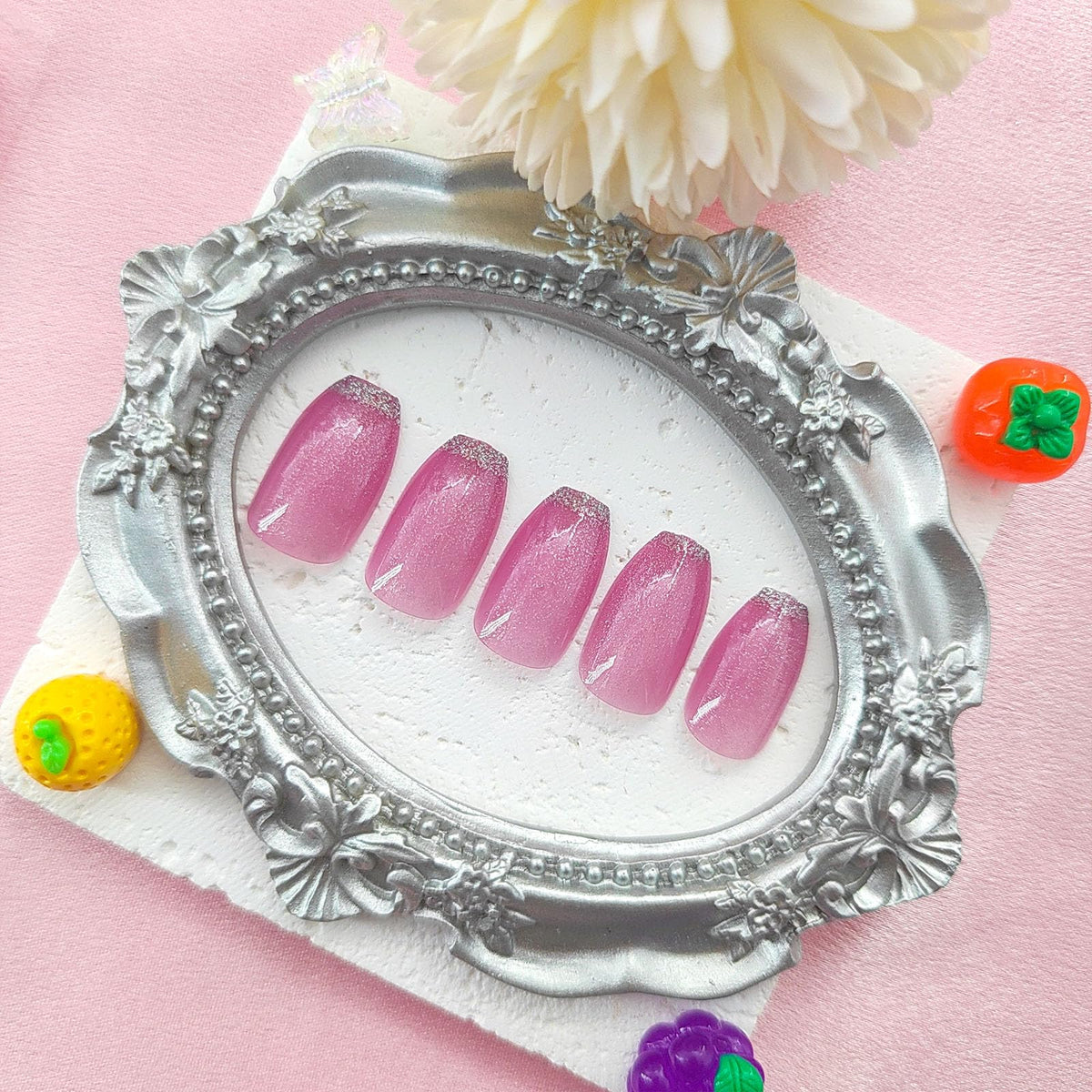 Pink Press on Nails Short Fake Nails with Glitter French Tip Designs Coffin Nails Press ons Cat Eye Glue on Nails Glossy Acrylic Nails Daily Wear Natural Stick on Nails for Women 24Pcs