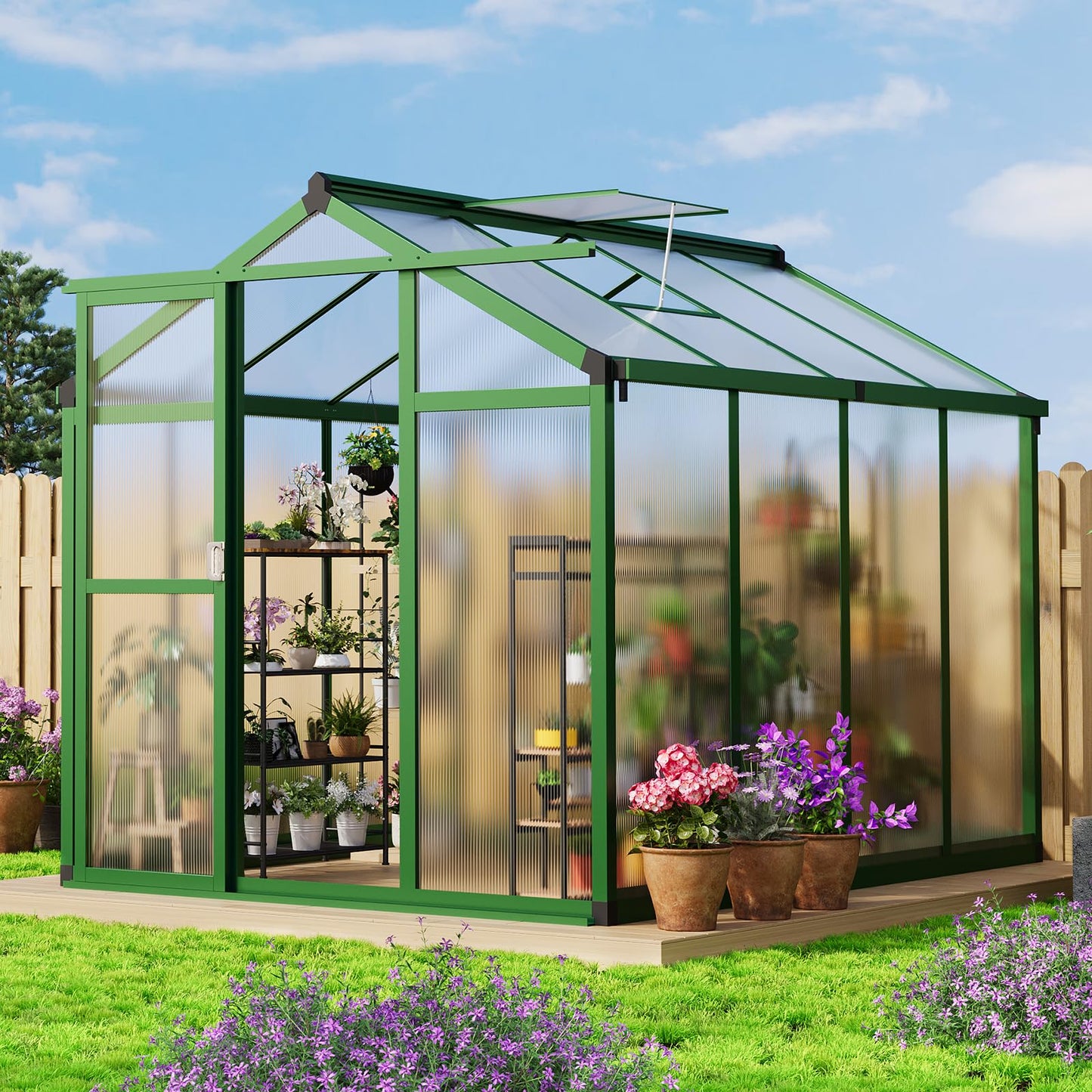 6x8 ft Greenhouse, Aluminum Frame & Polycarbonate Panel Greenhouse for Outdoors, Green House with Adjustable Roof Vent & Sliding Door, Durable Walk-in Green Houses for Backyard, Patio, Lawn