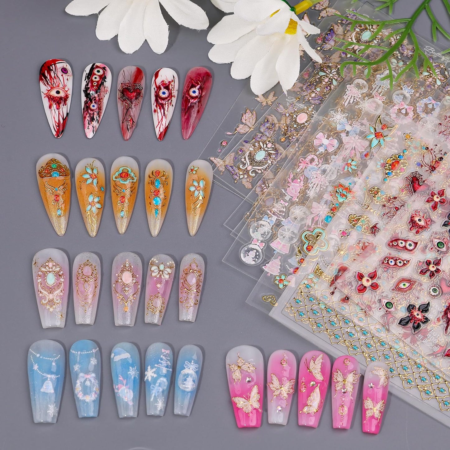 Halloween Nail Stickers for Nail Art 2 Sheet, Red Hibiscus Flowers Evil Eye Nail Decals 5D Embossed Spider Web Bat Design Stickers Halloween Nail Supplies for Women Girls DIY Nail Decorations