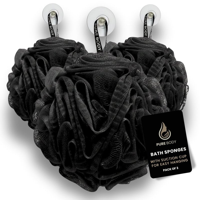 Large Black Bath Sponge, Gentle Exfoliation Mesh Sponges, Long Lasting Loofah with Suction Cup Attached, Easy Hang to Dry Pack of 3