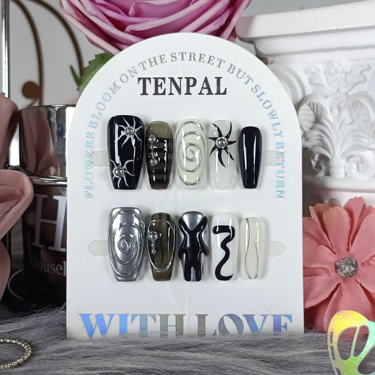 TENPAL Dark Silver Gothic Press on Nails Long Coffin Shape 3D Embossed Sun Design Fake Nails Hand Painted Art for Women Fall Winter Ins Style(XS)