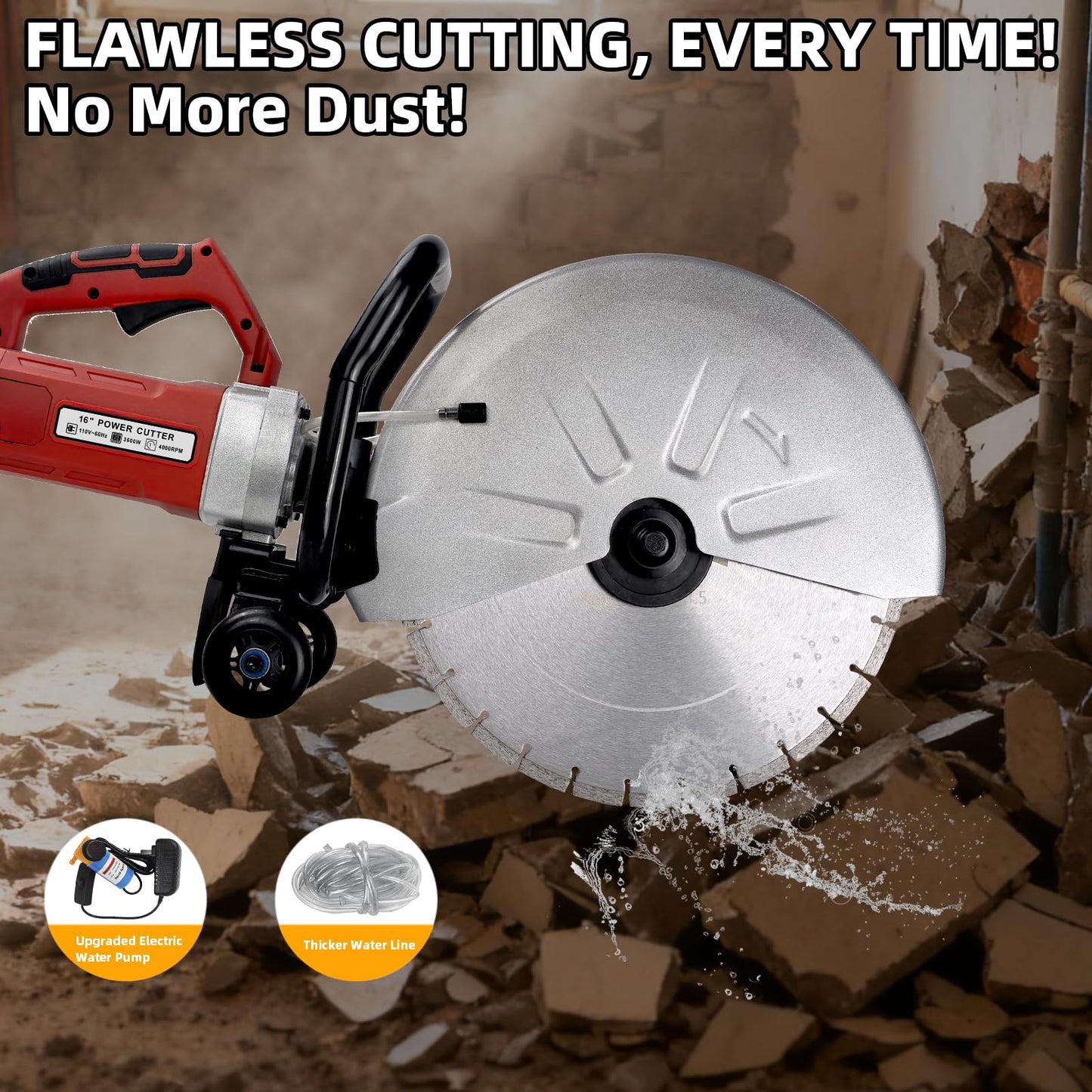 JKCHENPRO 3500W Electric Concrete Saw - 16" Cut-Off Saw with Diamond Blade, 6.1" Max Cutting Depth, 110V Power for Asphalt & Masonry