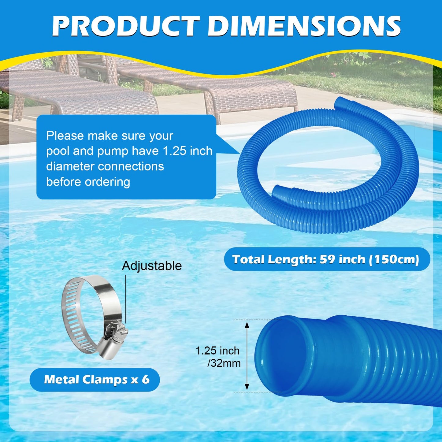 2 Pcs 1.25" Pool Hose, 59" Long Accessory Pool Pump Replacement Hoses, Compatible with All Above Ground Pool Filter Pumps that Use 1 1/4 Diameter Hoses