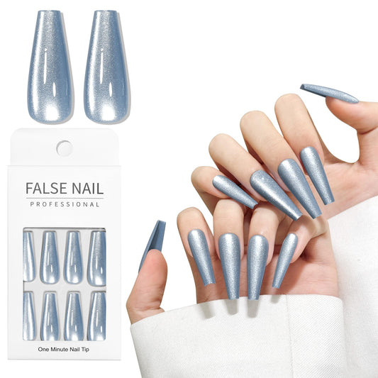 Light Blue Cat Eyes Press On Nails,12 Sizes - 24 Pcs Soft Gel Blue Long Coffin Fake Nails Kit with Nail Glue, Natural Reusable Stick On False Nails for Women and Girls SK1055